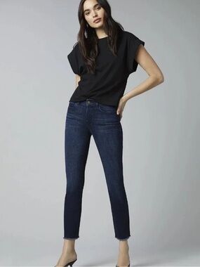 DL1961 Mara Straight Intasculpt Ankle Mid Rise Dark Wash Raw Hem Jeans, size 31